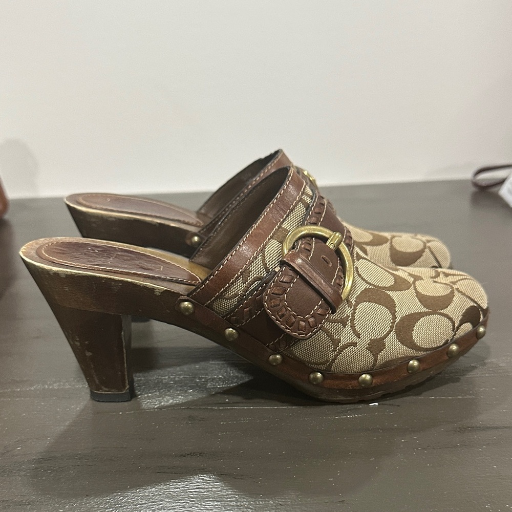 Coach Brown and Tan Mules with Gold Buckle - Picture 4 of 7